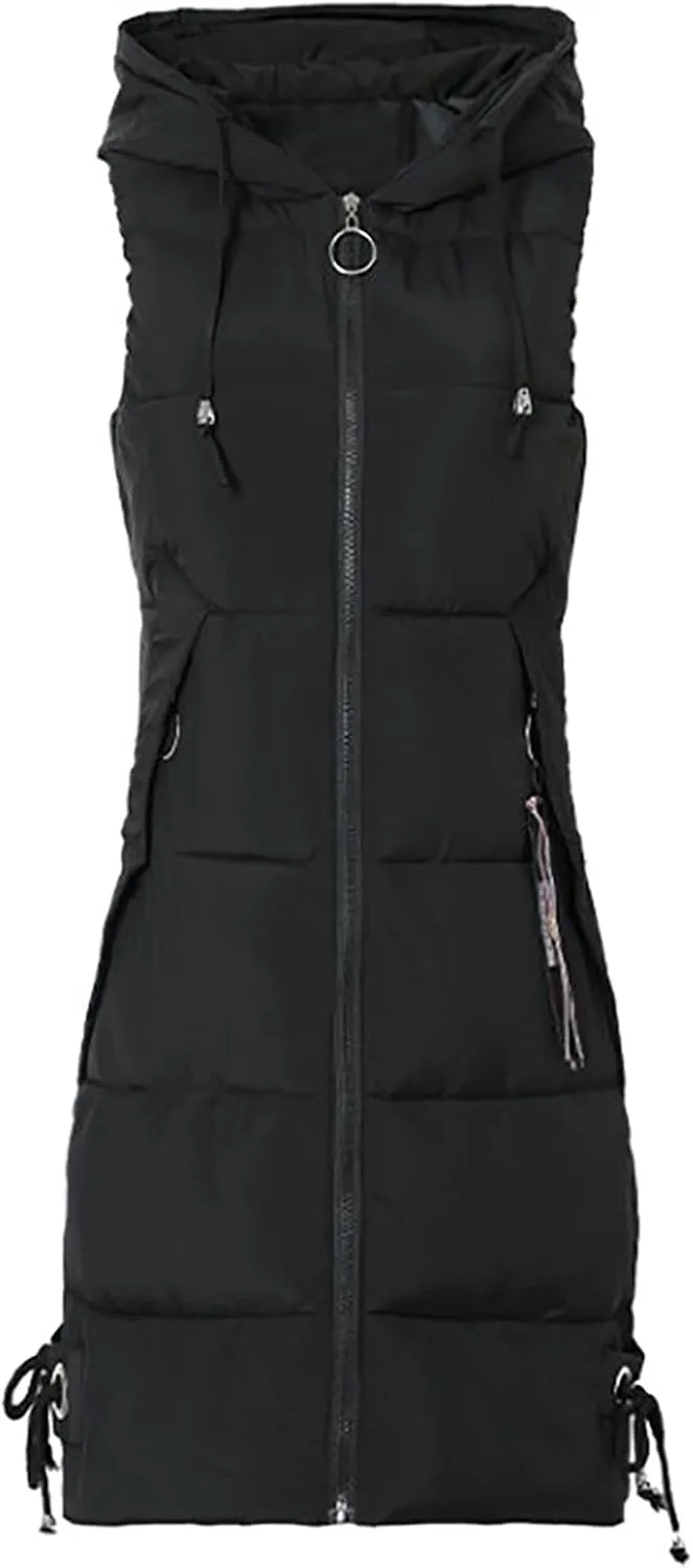 Womens Sleeveless Puffer Jacket Warm Winter Vest Coats Trendy Hooded Plain Down Jackets Zipper Long Outwear