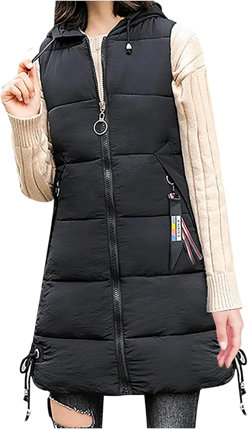 Womens Sleeveless Puffer Jacket Warm Winter Vest Coats Trendy Hooded Plain Down Jackets Zipper Long Outwear