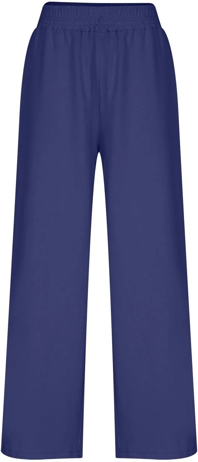 Womens Wide Leg Linen Pants Palazzo Pants with Pockets Smocked Elastic Waist Casual Trousers Summer Bottoms