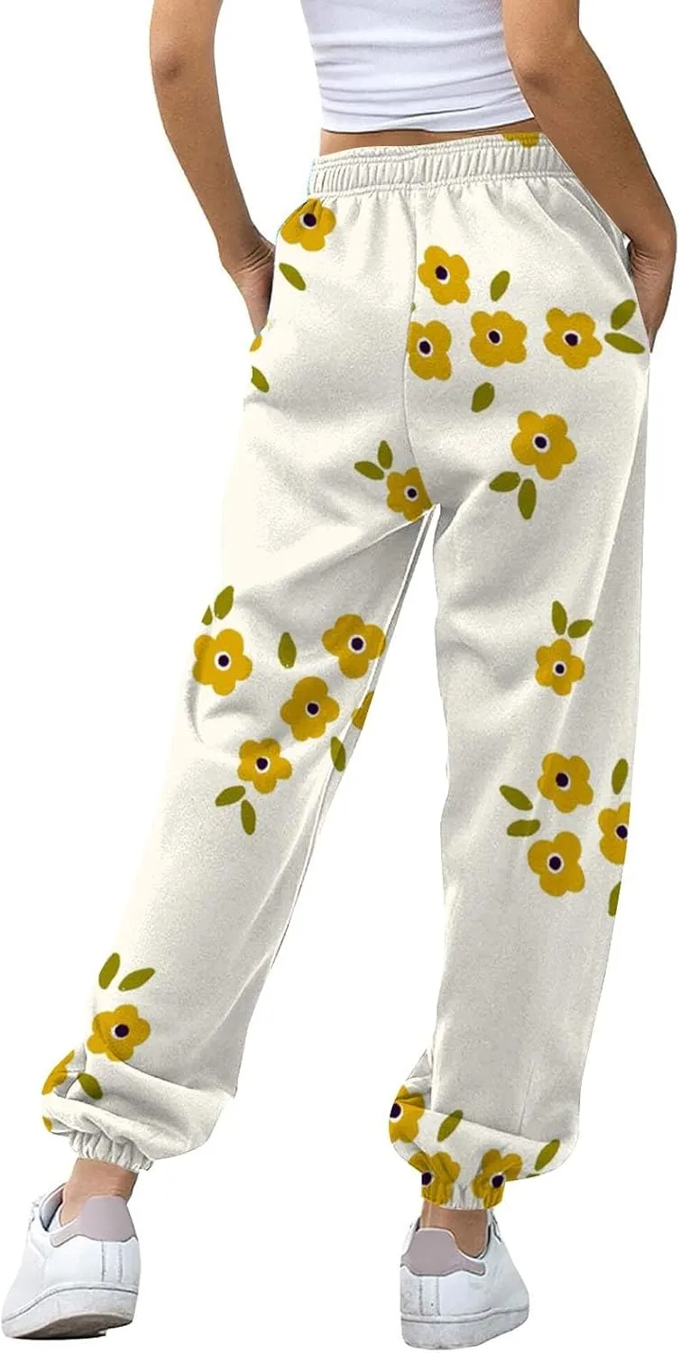 Womens Wide Leg Sweatpants High Waisted Cinch Bottoms Baggy Flared Yoga Pants Pockets Drawstring Athletic Joggers