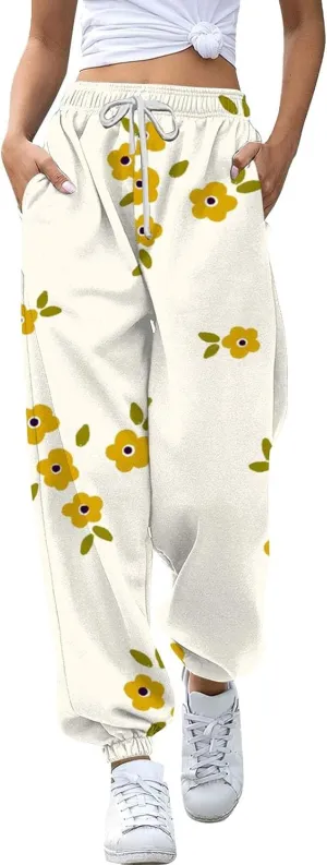 Womens Wide Leg Sweatpants High Waisted Cinch Bottoms Baggy Flared Yoga Pants Pockets Drawstring Athletic Joggers