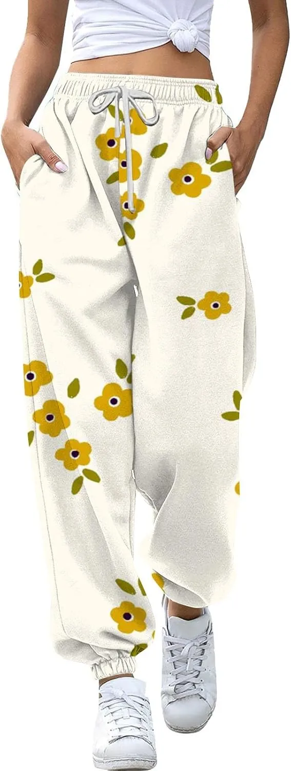 Womens Wide Leg Sweatpants High Waisted Cinch Bottoms Baggy Flared Yoga Pants Pockets Drawstring Athletic Joggers