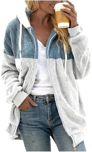 Womens Winter Coats Fuzzy Fleece Zipper Hooded Jacket Color Block Patchwork Outdoor Loose Comfy Warm Sherpa Outerwear