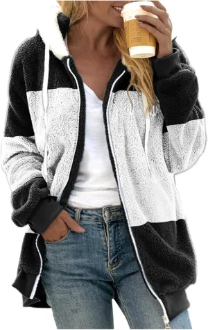 Womens Winter Coats Fuzzy Fleece Zipper Hooded Jacket Color Block Patchwork Outdoor Loose Comfy Warm Sherpa Outerwear