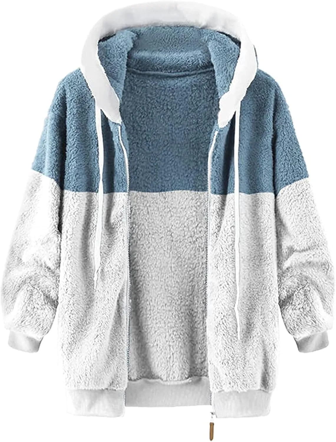 Womens Winter Coats Fuzzy Fleece Zipper Hooded Jacket Color Block Patchwork Outdoor Loose Comfy Warm Sherpa Outerwear