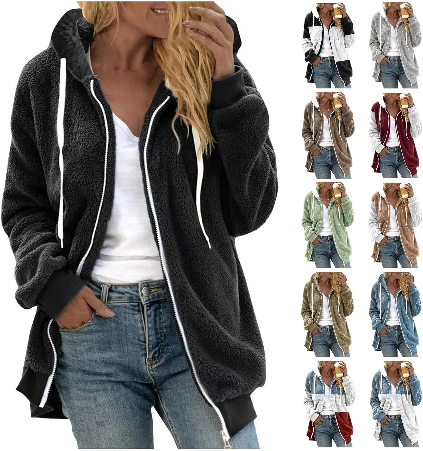 Womens Winter Coats Fuzzy Fleece Zipper Hooded Jacket Color Block Patchwork Outdoor Loose Comfy Warm Sherpa Outerwear