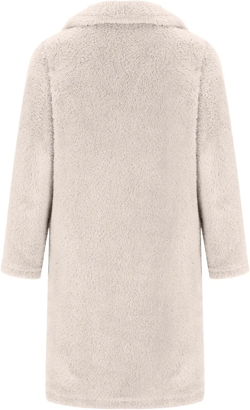Womens Winter Coats Sherpa Fleece Overcoat Lapel Button Teddy Bear Jackets Warm Plush Mid Length Plus Size Outerwear
