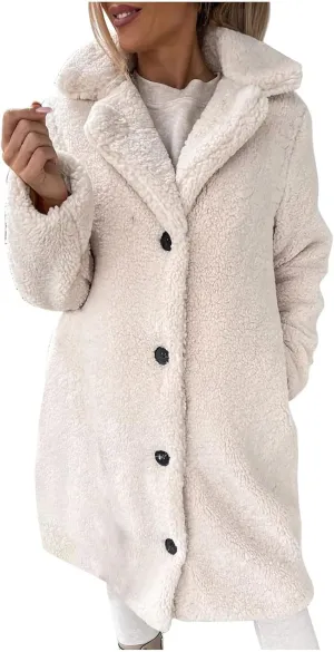 Womens Winter Coats Sherpa Fleece Overcoat Lapel Button Teddy Bear Jackets Warm Plush Mid Length Plus Size Outerwear