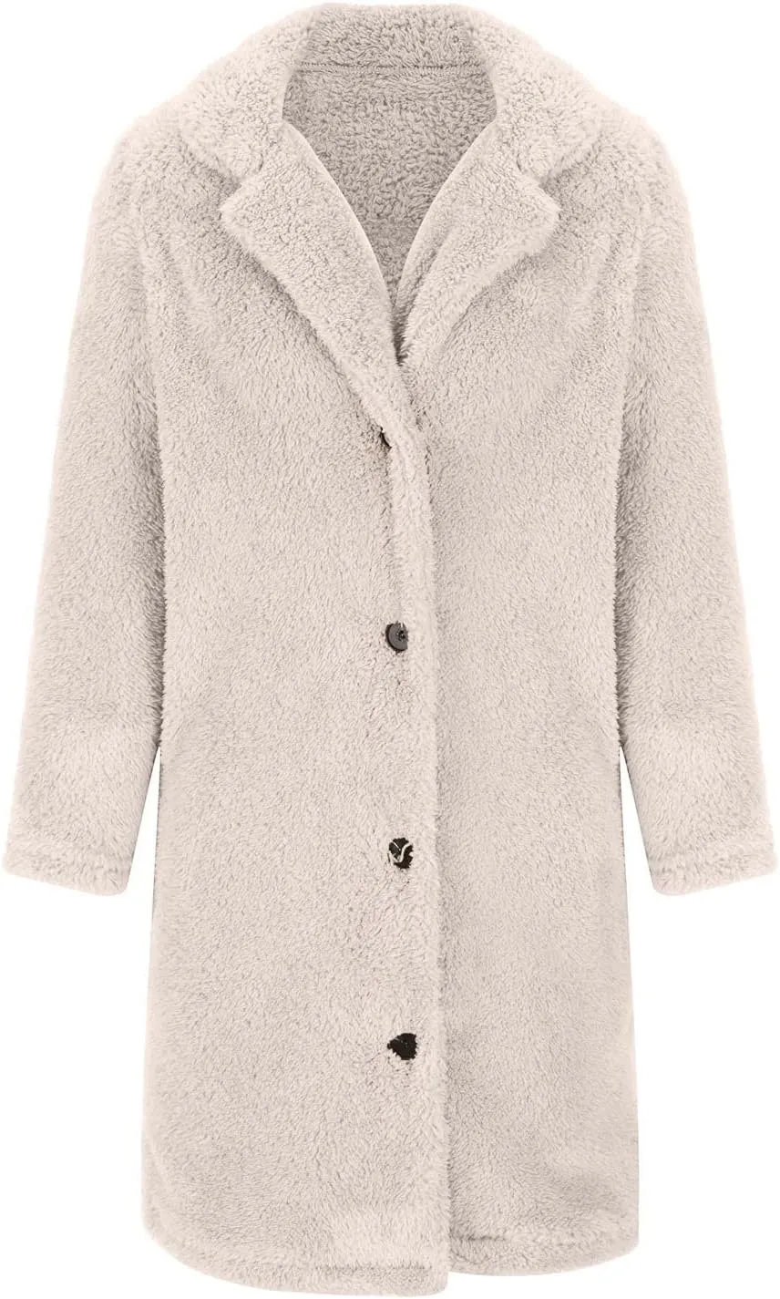 Womens Winter Coats Sherpa Fleece Overcoat Lapel Button Teddy Bear Jackets Warm Plush Mid Length Plus Size Outerwear