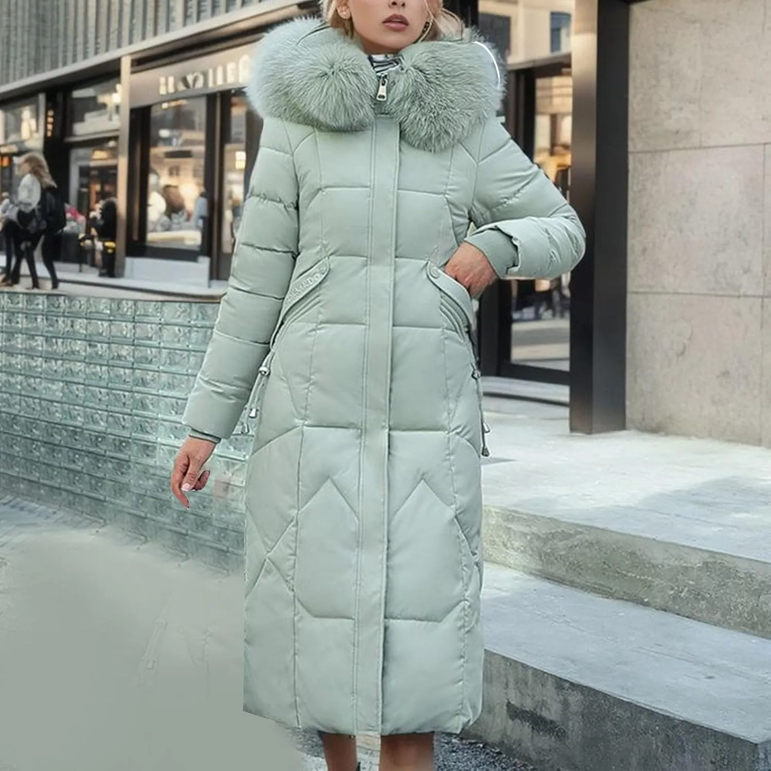 Women's Winter Coats with Fur Hood Puffer Down Jackets Parka Long Overcoat Warm Cotton Bread Jacket Quilted Outerwear