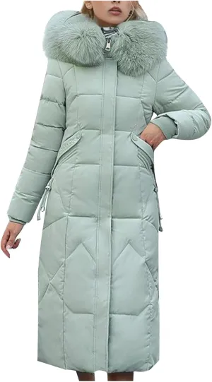 Women's Winter Coats with Fur Hood Puffer Down Jackets Parka Long Overcoat Warm Cotton Bread Jacket Quilted Outerwear