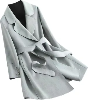 Womens Winter Coats Wool Blend Overcoat Fashion Notch Lapel Long Cardigan Elegant Mid Length Wrap Jacket with Tie Belt