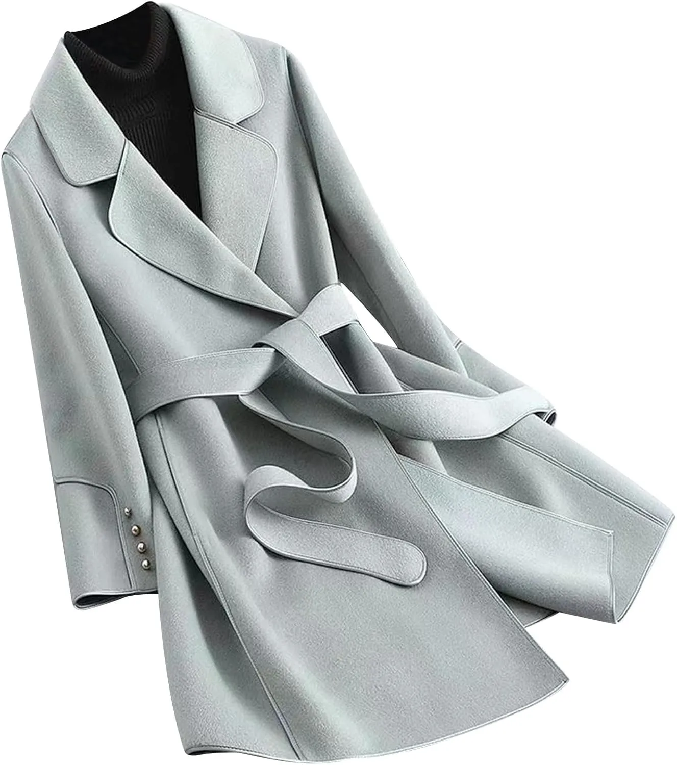 Womens Winter Coats Wool Blend Overcoat Fashion Notch Lapel Long Cardigan Elegant Mid Length Wrap Jacket with Tie Belt