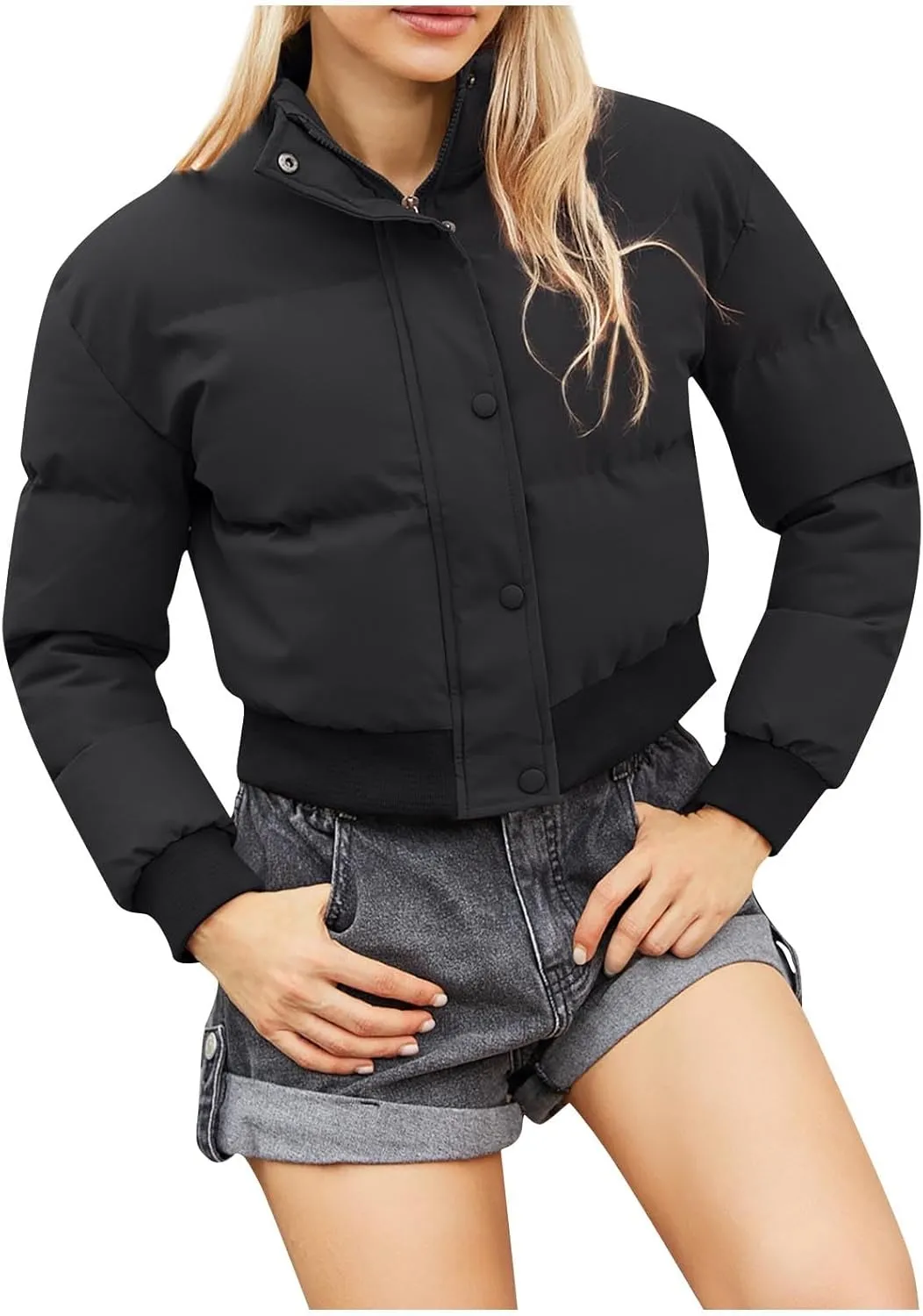 Womens Winter Cropped Puffer Coat Stand Collar Short Down Jacket Winter Outerwear Warm Quilted Jacket with Pockets