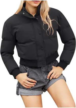 Womens Winter Cropped Puffer Coat Stand Collar Short Down Jacket Winter Outerwear Warm Quilted Jacket with Pockets