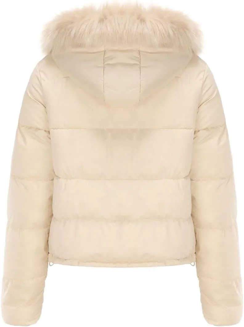 Women's Winter Hooded Cropped Coat Waterproof Down Jacket Warm Thicken Puffer Outwear with Removable Faux Fur Hood