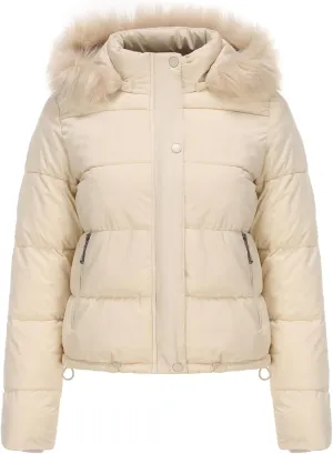 Women's Winter Hooded Cropped Coat Waterproof Down Jacket Warm Thicken Puffer Outwear with Removable Faux Fur Hood