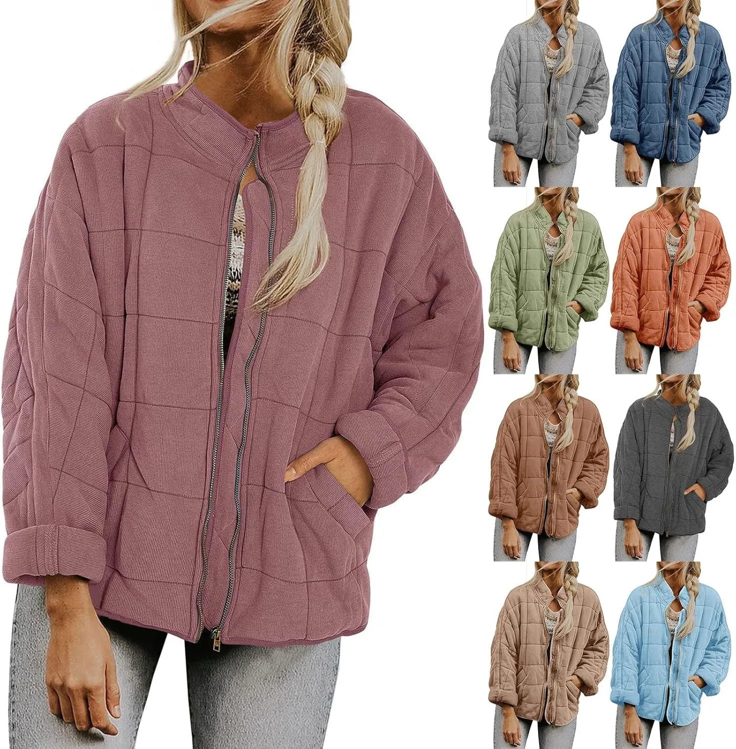Womens Winter Jacket Stand-Collar Cotton Jacket Loose Pocket Cotton Jacket Warm Winter with 4 Pockets Long Coat