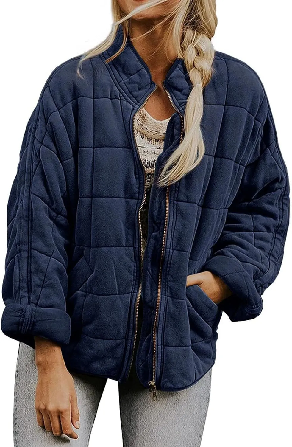 Womens Winter Jacket Stand-Collar Cotton Jacket Loose Pocket Cotton Jacket Warm Winter with 4 Pockets Long Coat