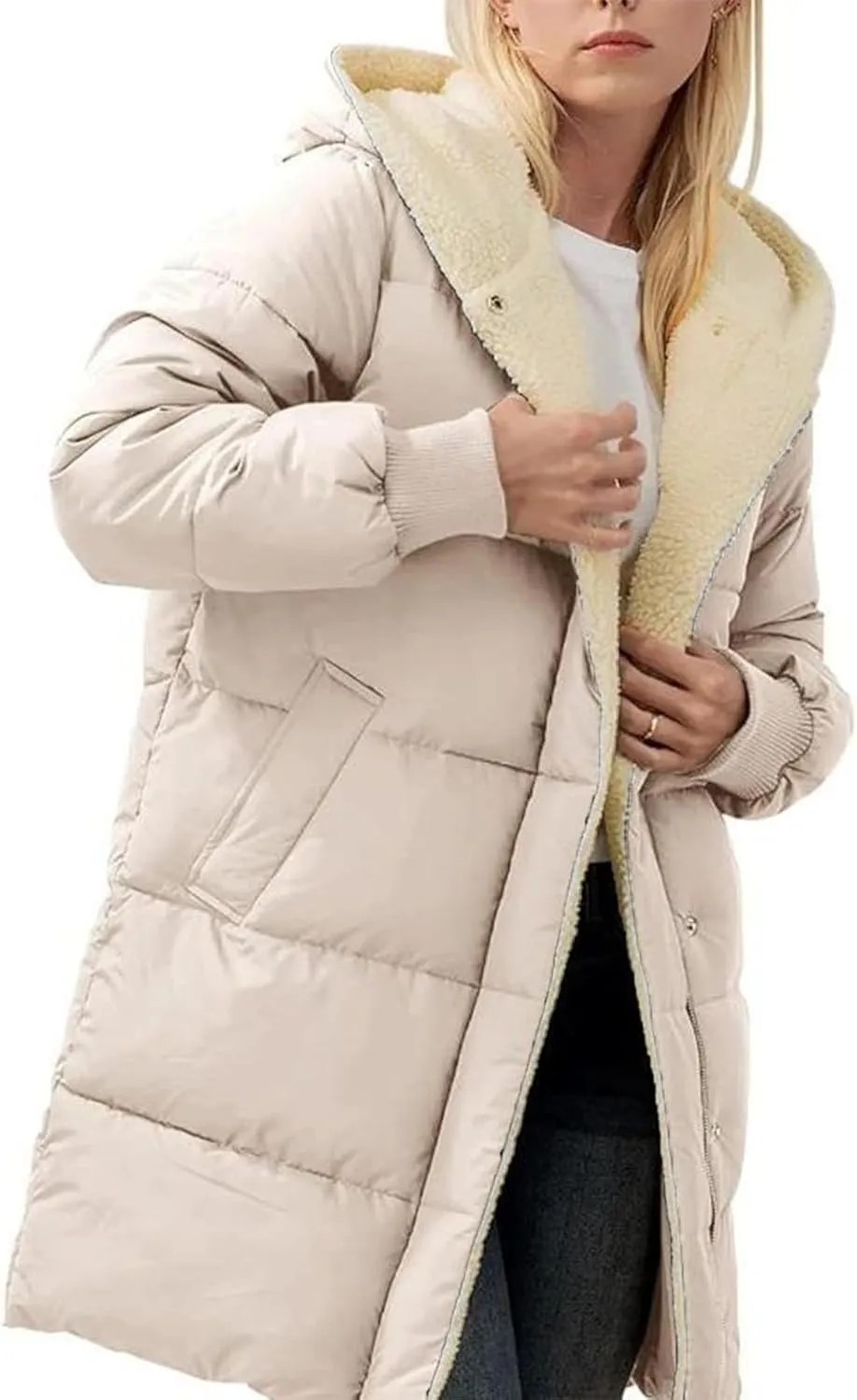 Womens Winter Long Down Coats Teddy Fleece Lined Jacket Plus Size Warm Down Thicken Hooded Windproof Quilted Puffer Jackets