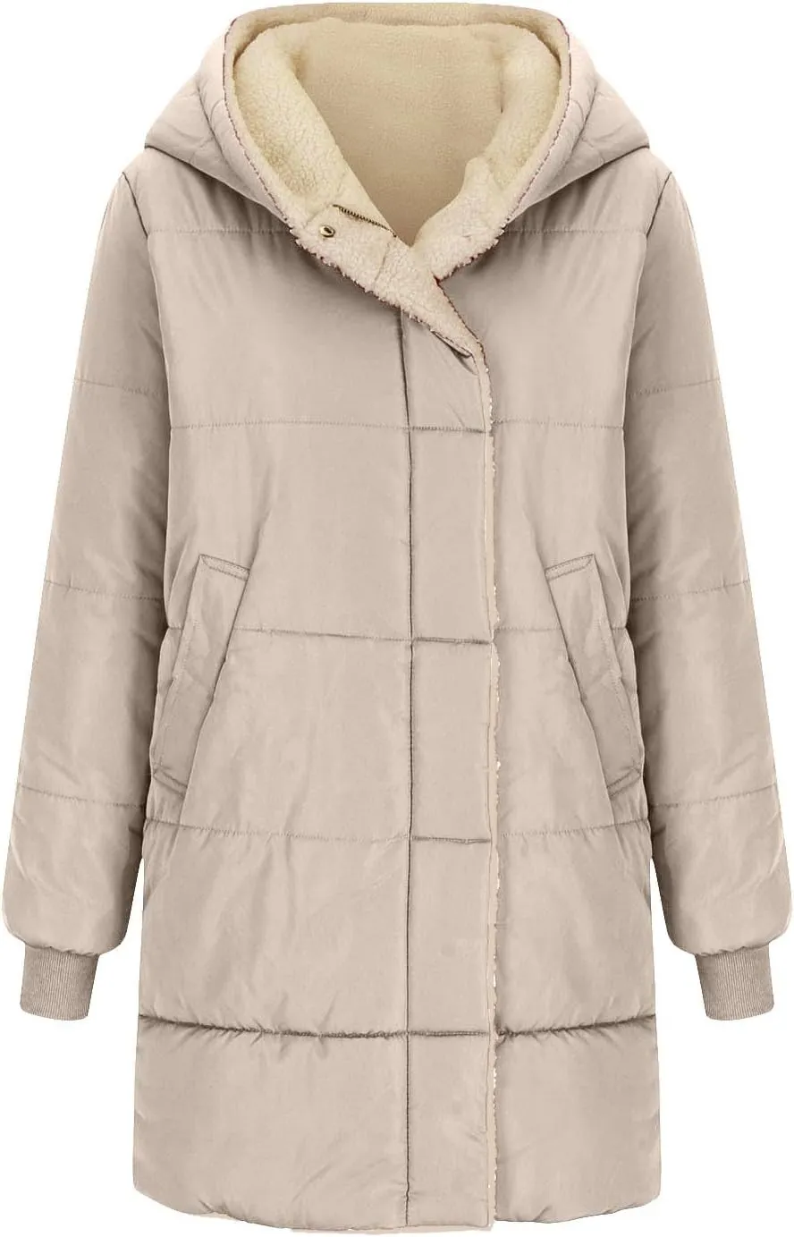 Womens Winter Long Down Coats Teddy Fleece Lined Jacket Plus Size Warm Down Thicken Hooded Windproof Quilted Puffer Jackets