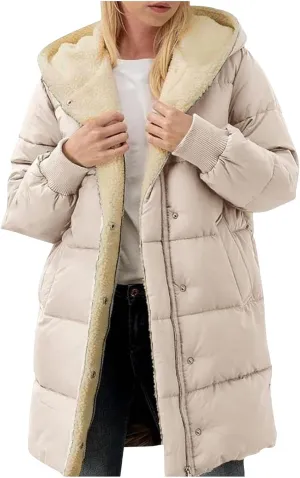 Womens Winter Long Down Coats Teddy Fleece Lined Jacket Plus Size Warm Down Thicken Hooded Windproof Quilted Puffer Jackets