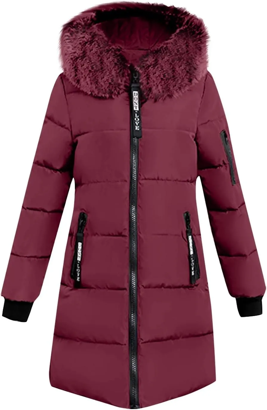 Womens Winter Long Puffer Coats Down Thicken Warm Quilted Jacket Mid-Length with Side Zipper Pocket Hood Outerwear