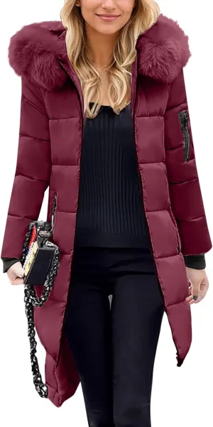 Womens Winter Long Puffer Coats Down Thicken Warm Quilted Jacket Mid-Length with Side Zipper Pocket Hood Outerwear
