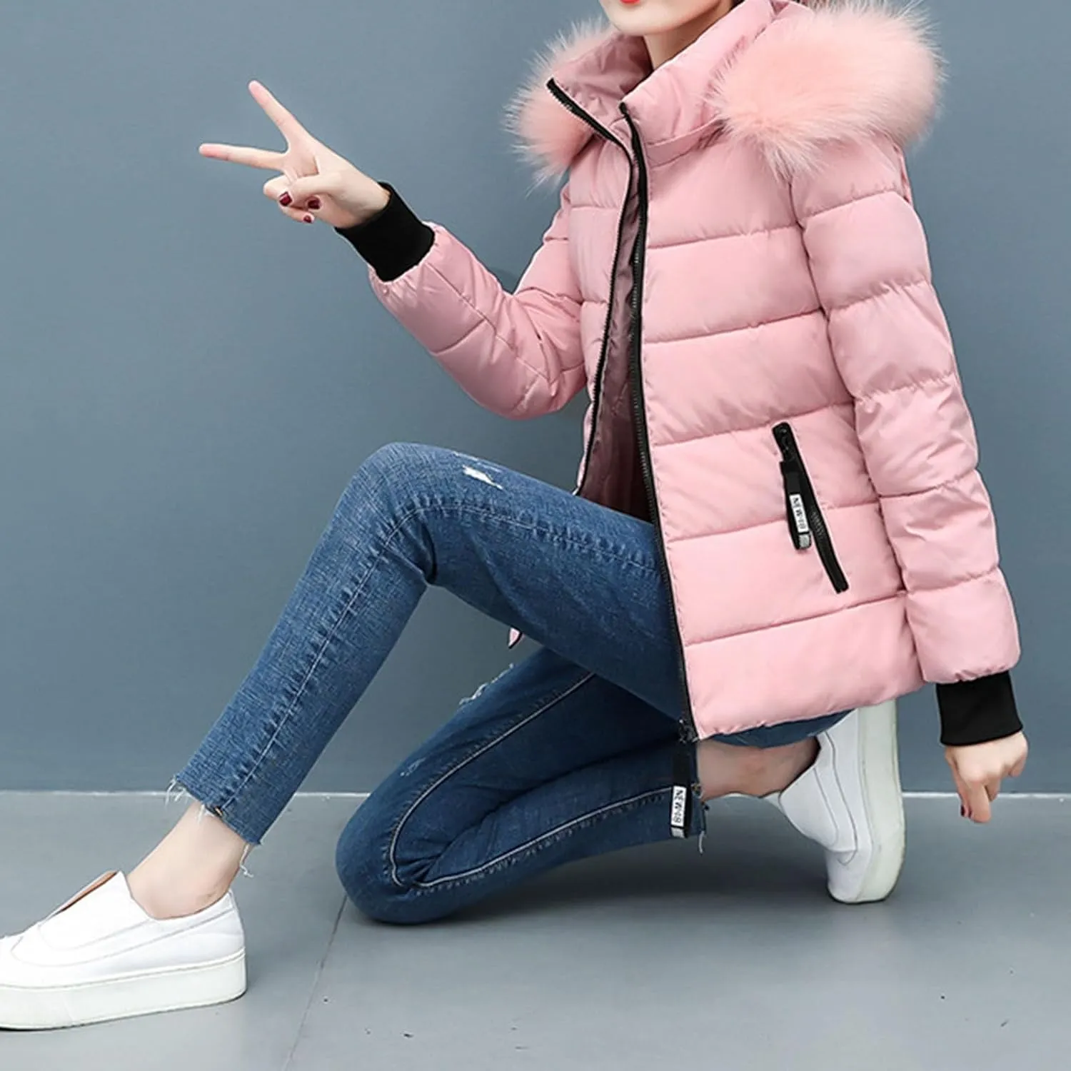 Women's Winter Long Sleeve Zip Puffer Jacket Mid Length Thick Warm Collar with Pockets Coats Winter Long Thick Coats