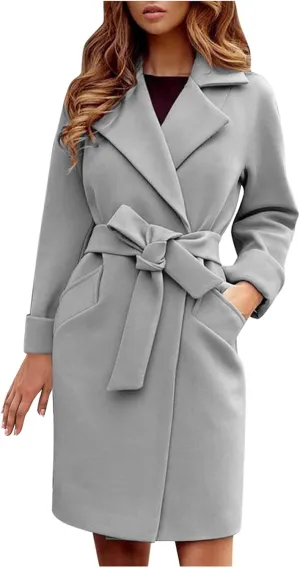 Women's Winter Mid-Length Peacoat Lapel Cardigan Woolen Fleece Coat with Belt Wool Blend Business Basic Coats Party