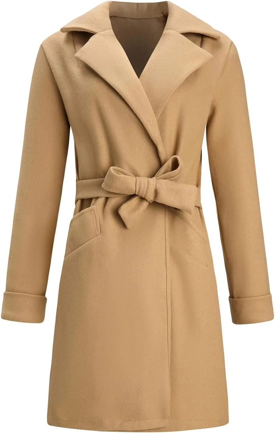 Women's Winter Mid-Length Peacoat Lapel Cardigan Woolen Fleece Coat with Belt Wool Blend Business Basic Coats Party