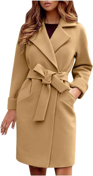 Women's Winter Mid-Length Peacoat Lapel Cardigan Woolen Fleece Coat with Belt Wool Blend Business Basic Coats Party