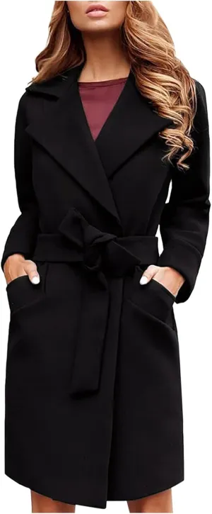 Women's Winter Mid-Length Peacoat Lapel Cardigan Woolen Fleece Coat with Belt Wool Blend Business Basic Coats Party