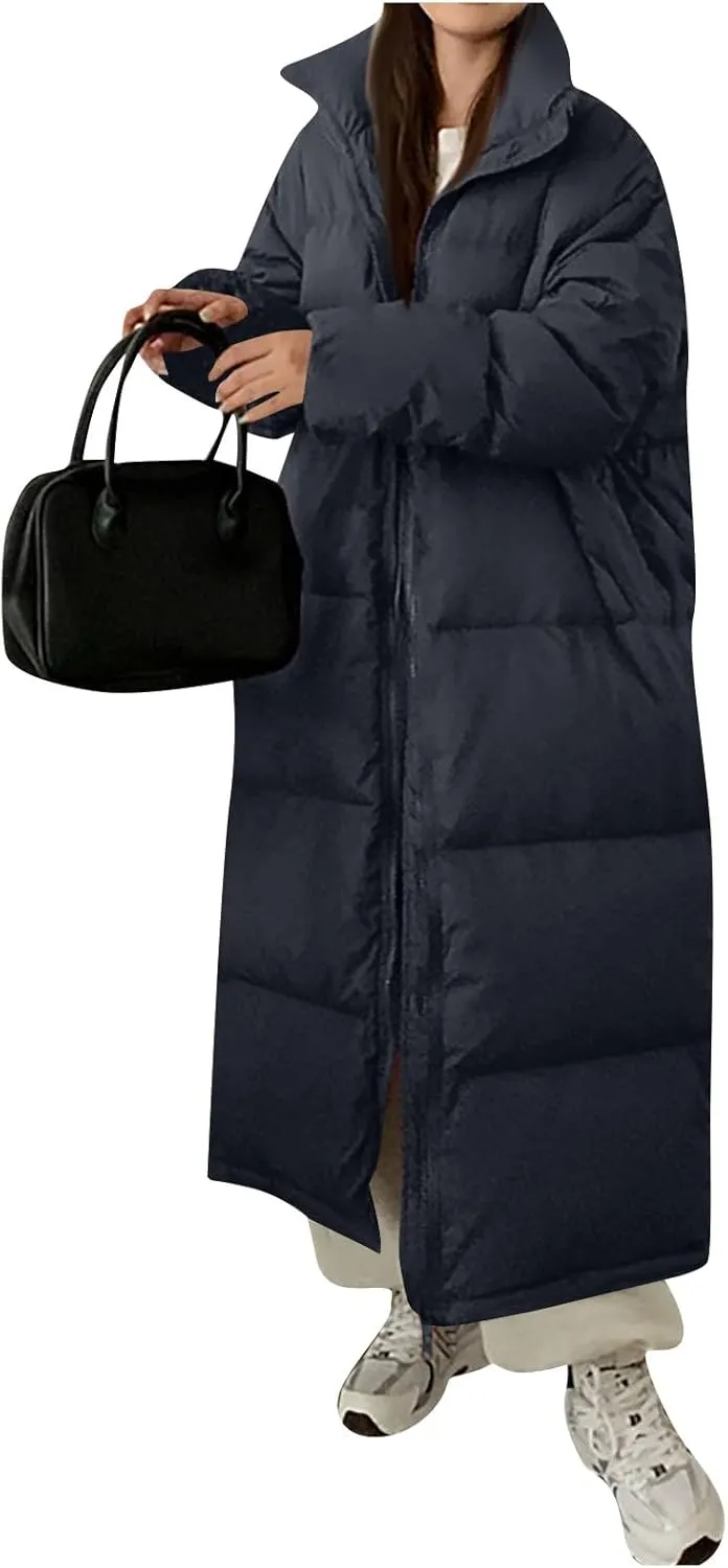 Women's Winter Over Knee Hooded Maxi Long Puffer Down Coat Long Winter Coats Zip Up Padded Coat Maxi Length Outerwear