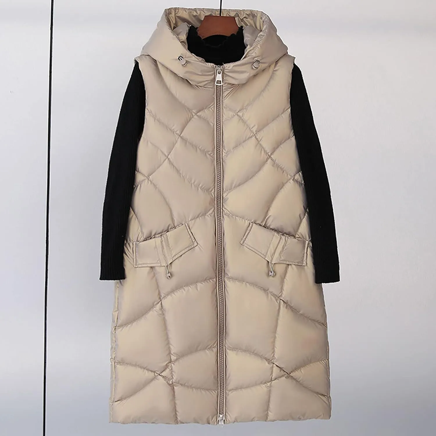 Women's Winter Puffer Jacket Vests with Hood Sleeveless Long Down Coats Pocket Full Zip Shaggy Warm Quilted Jackets