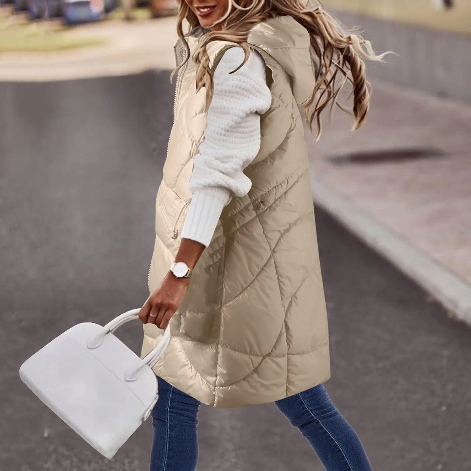 Women's Winter Puffer Jacket Vests with Hood Sleeveless Long Down Coats Pocket Full Zip Shaggy Warm Quilted Jackets