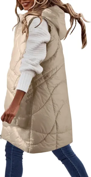 Women's Winter Puffer Jacket Vests with Hood Sleeveless Long Down Coats Pocket Full Zip Shaggy Warm Quilted Jackets