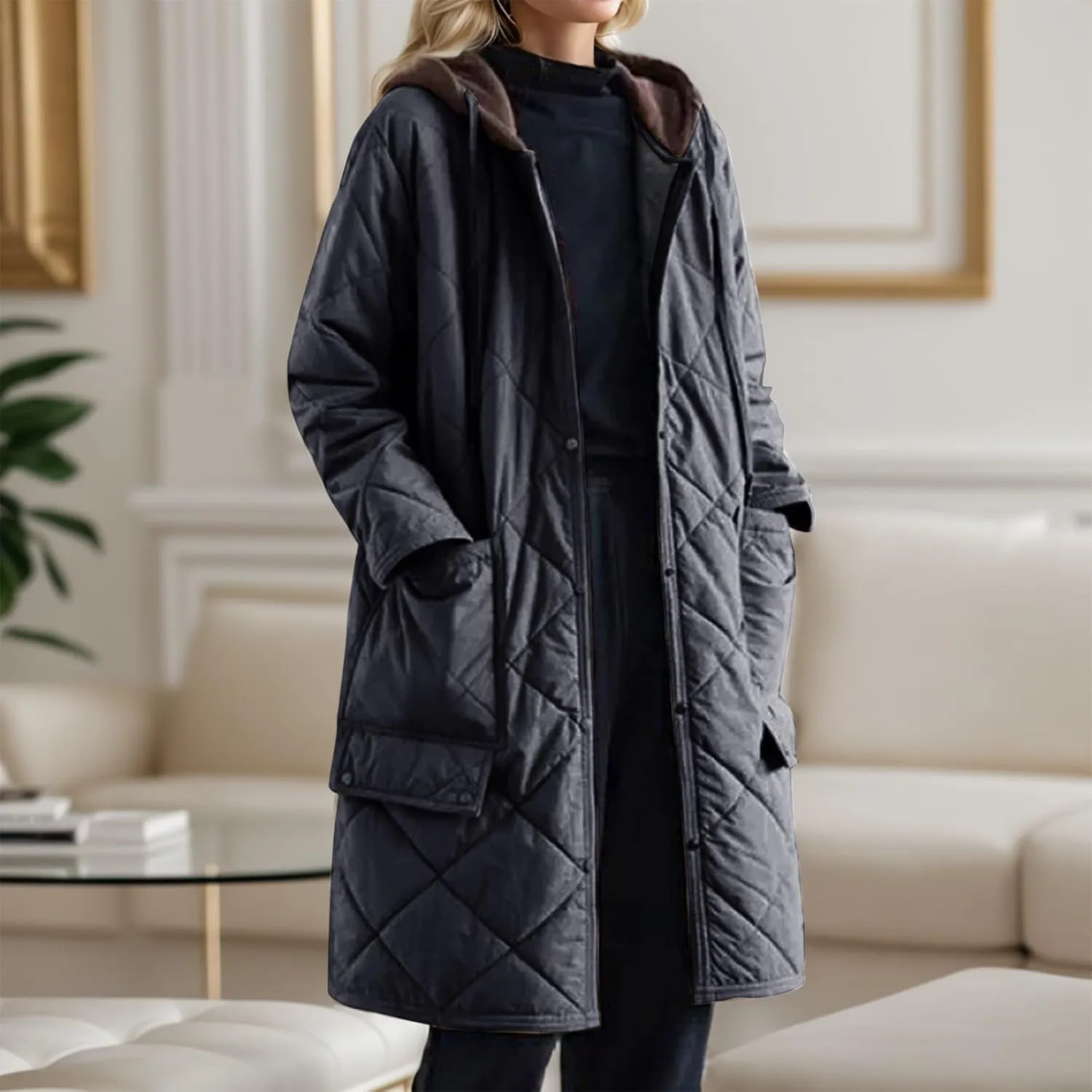 Women's Winter Quilted Jackets Casual Lightweight Button Down Puffer Jacket Outerwear Long Down Winter Coat with Hood