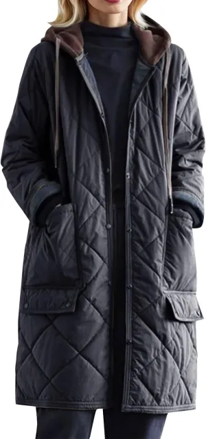 Women's Winter Quilted Jackets Casual Lightweight Button Down Puffer Jacket Outerwear Long Down Winter Coat with Hood