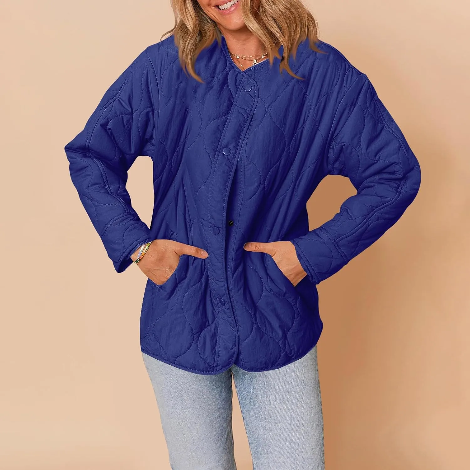 Womens Winter Quilted Jackets Long Sleeve Button Down Puffer Jacket Warm Lightweight Down Coats with Pockets