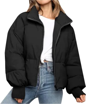 Women's Winter Short Puffer Down Jacket Coat Ladies Fashion Solid Long Sleeve Full Zipper Baggy Padded Outerwear