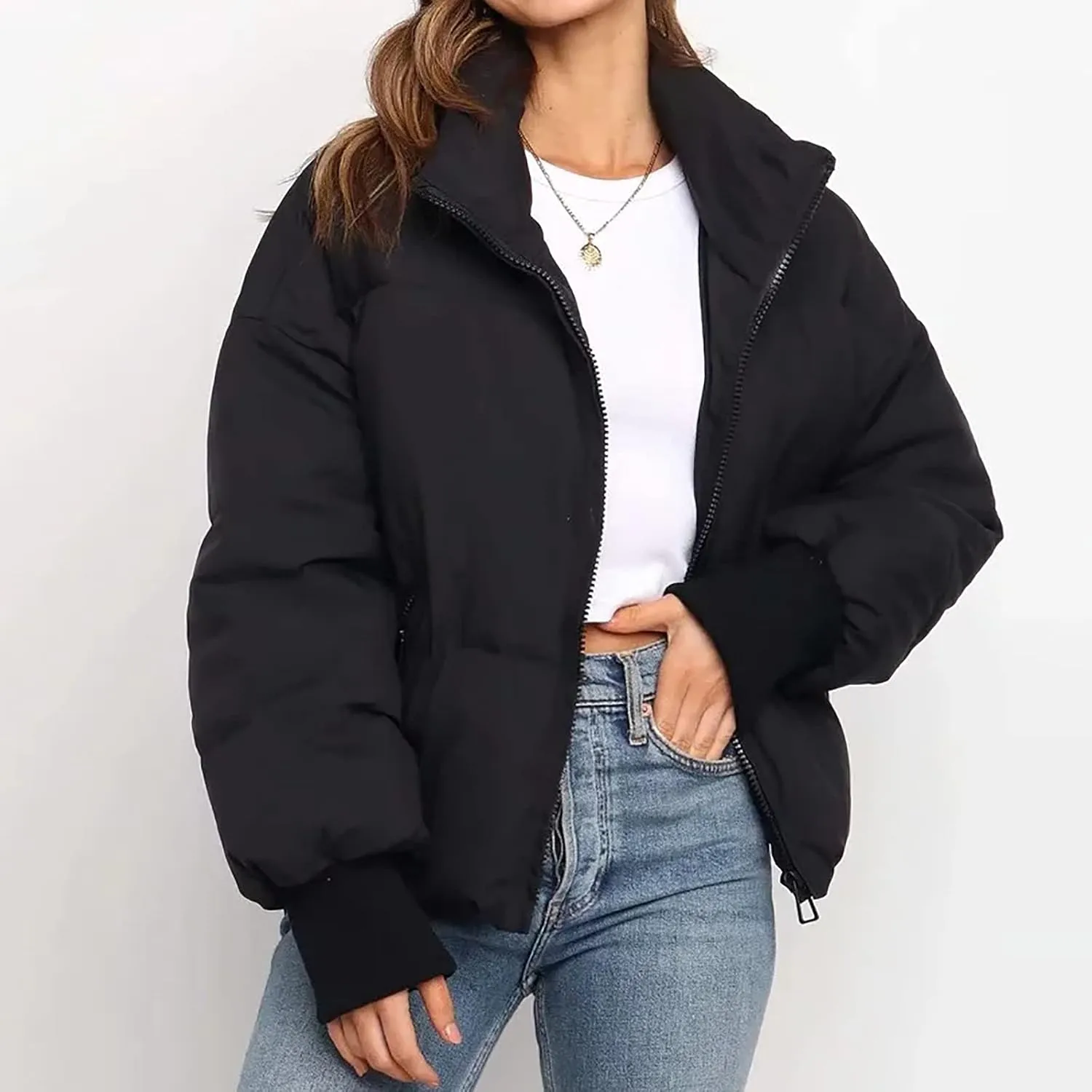 Women's Winter Short Puffer Down Jacket Coat Ladies Fashion Solid Long Sleeve Full Zipper Baggy Padded Outerwear