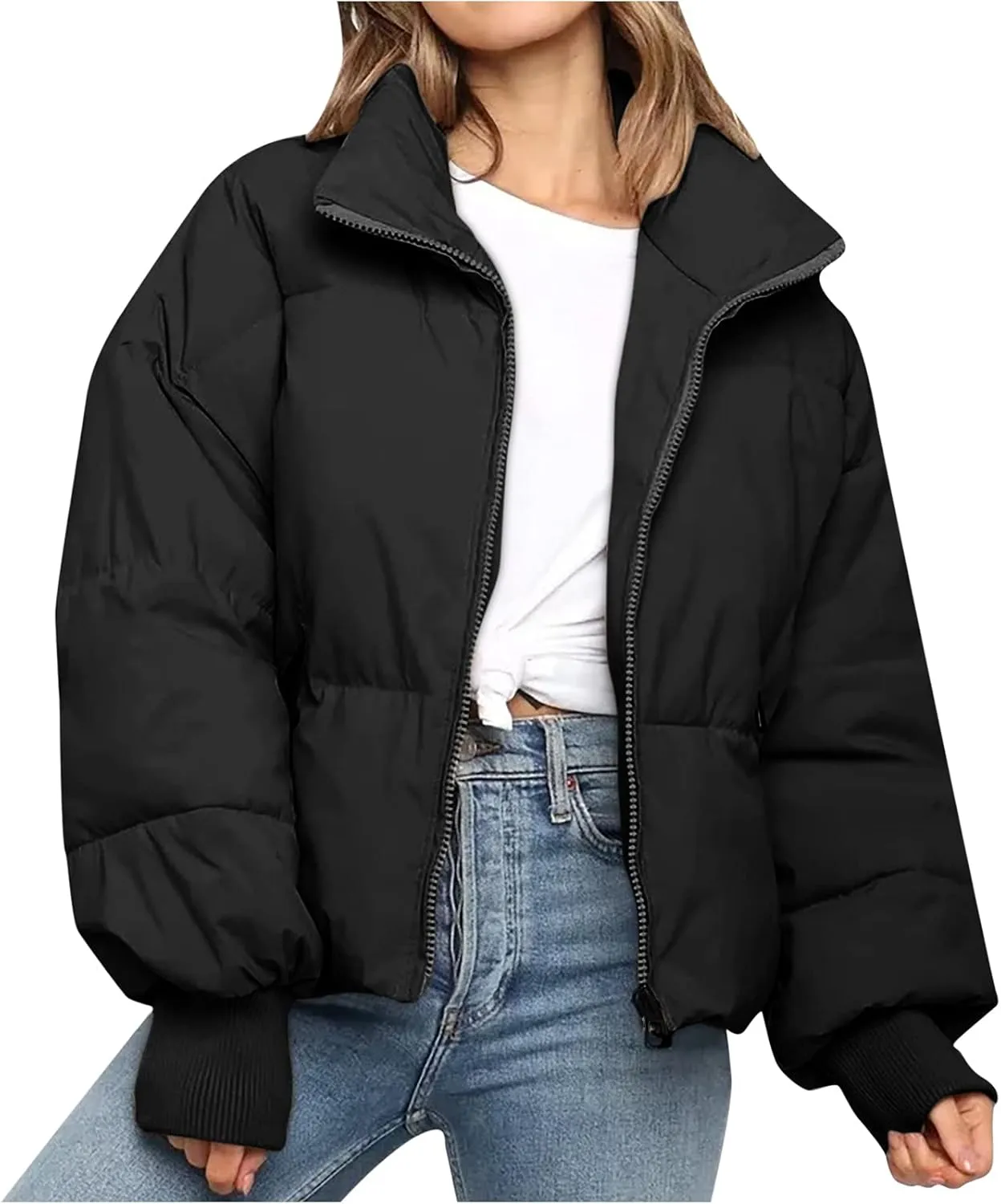Women's Winter Short Puffer Down Jacket Coat Ladies Fashion Solid Long Sleeve Full Zipper Baggy Padded Outerwear
