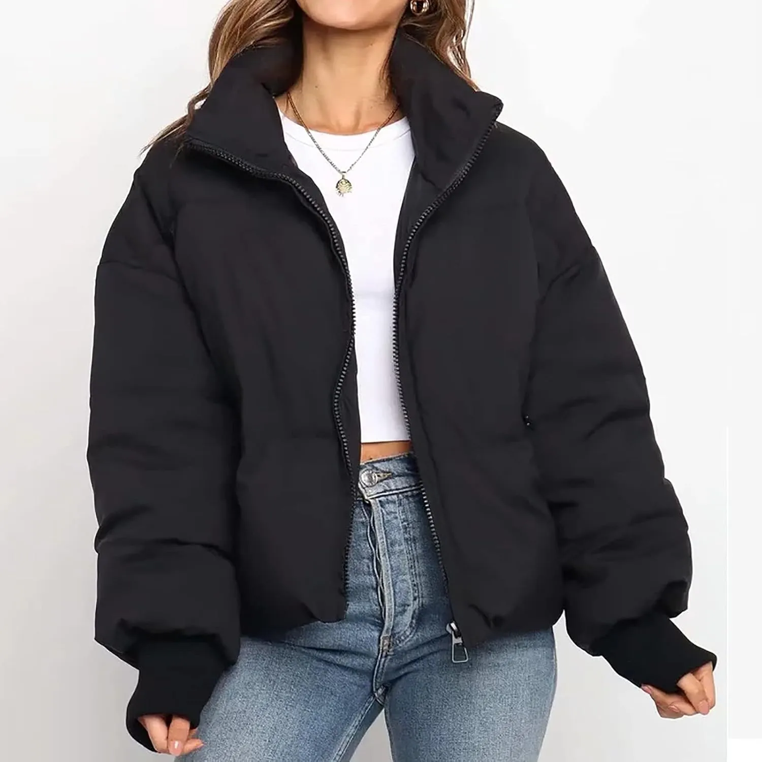 Women's Winter Short Puffer Down Jacket Coat Ladies Fashion Solid Long Sleeve Full Zipper Baggy Padded Outerwear