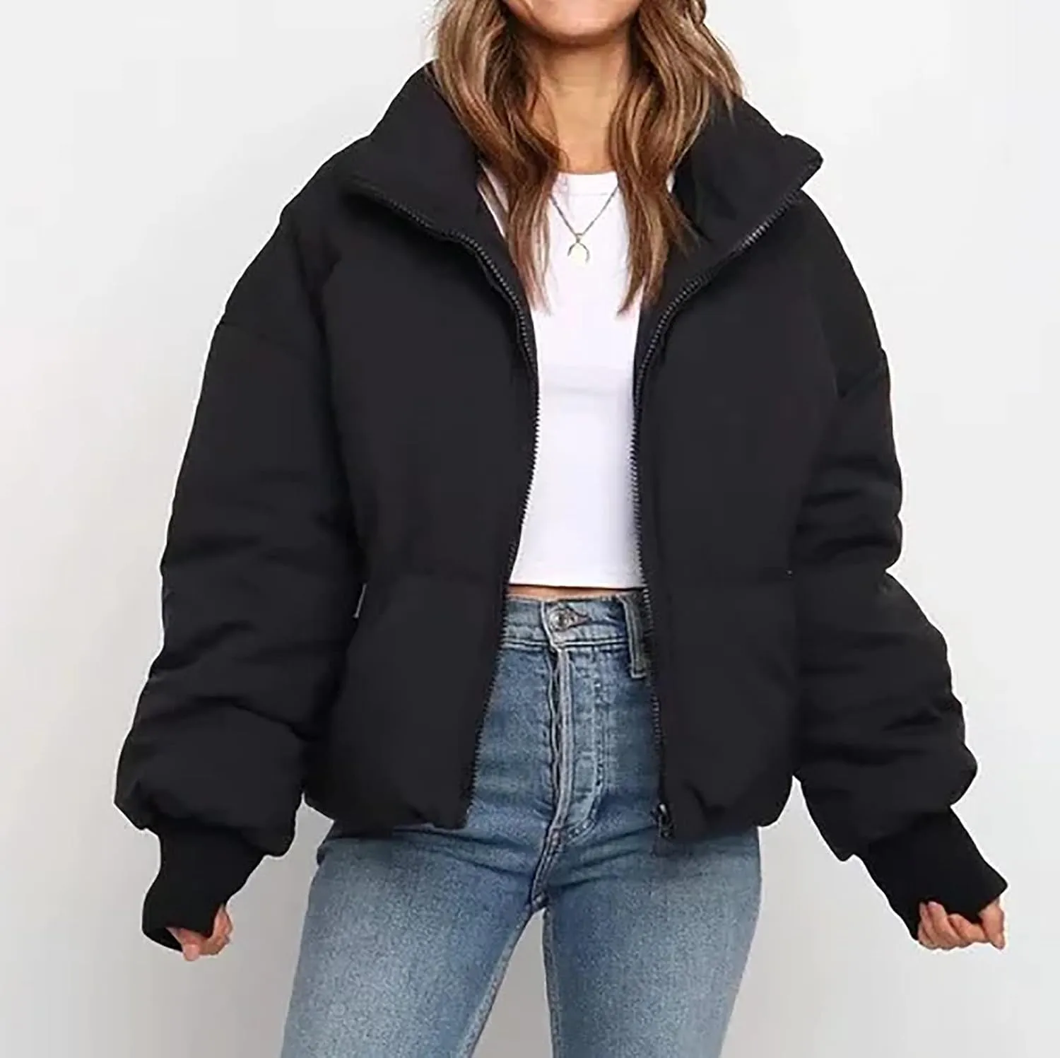 Women's Winter Short Puffer Down Jacket Coat Ladies Fashion Solid Long Sleeve Full Zipper Baggy Padded Outerwear