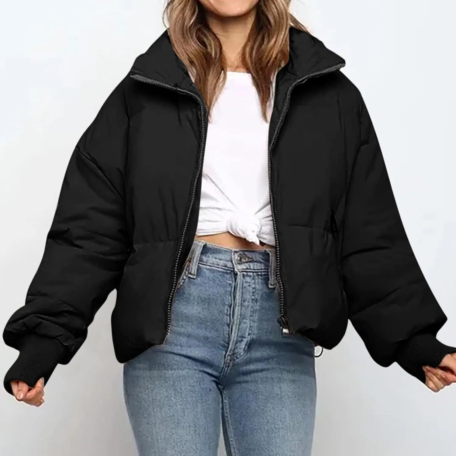 Women's Winter Short Puffer Down Jacket Coat Ladies Fashion Solid Long Sleeve Full Zipper Baggy Padded Outerwear