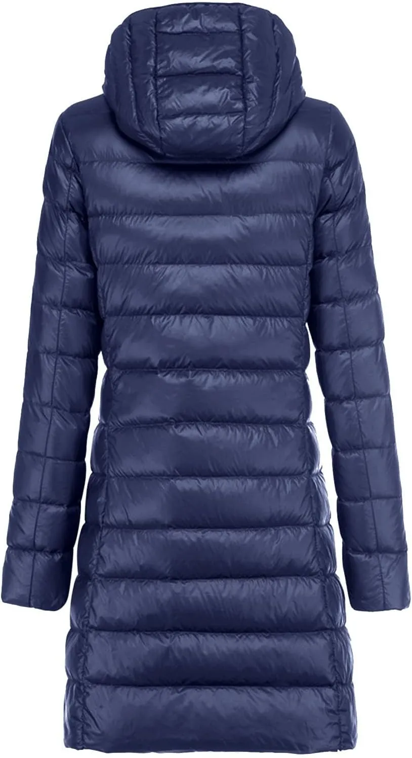 Womens Winter Simple Solid Zipper Long Puffer Coat Hooded Long Sleeve Quilted Down Coat Casual Warm Fitted Overcoat