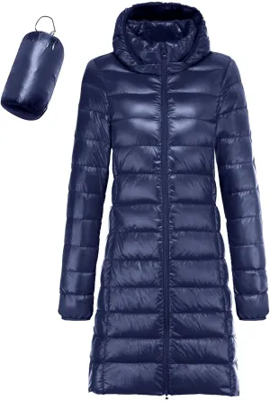 Womens Winter Simple Solid Zipper Long Puffer Coat Hooded Long Sleeve Quilted Down Coat Casual Warm Fitted Overcoat