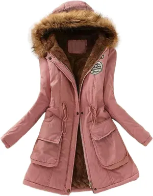 Womens Winter Solid Zipper Fleece Coat Long Sleeve Hooded Casual Outwear Thicken Warm Fitted Overcoat Outdoor Clothes