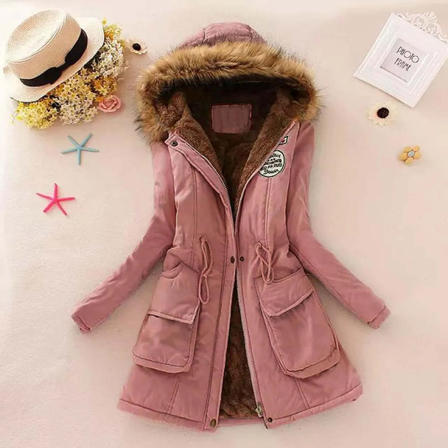 Womens Winter Solid Zipper Fleece Coat Long Sleeve Hooded Casual Outwear Thicken Warm Fitted Overcoat Outdoor Clothes
